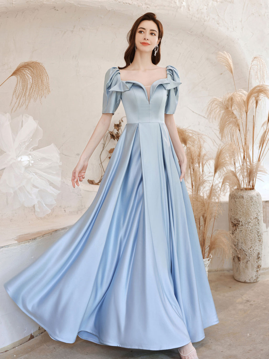 A-Line Square Neckline Satin Blue Long Prom Dress, Blue Evening Dresses
