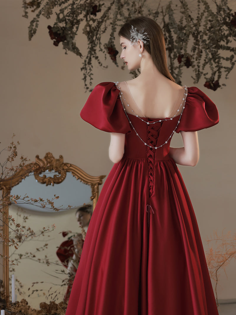 Burgundy A line Satin Long Prom Dress, Burgundy Sweet 16 Dress shopluu Burgundy A line Satin Long Prom Dress, Burgundy Sweet 16 Dress shopluu