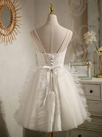 Cute Light Champagne Lace Tulle Short Prom Dress, Puffy Homecoming Dress