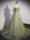 A Line Green Tulle Long Prom Dress, Green Formal Evening Dress with Beading