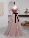 A-Line Pink Tulle Velvet Long Prom Dress, Pink Formal Dresses
