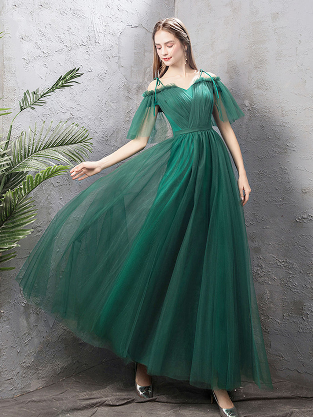 A-Line Off Shoulder Green Tulle Long Prom Dress, Green Formal Dresses