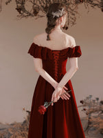 A-Line Off Shoulder Velvet Burgundy Long Prom Dresses