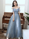 A line Off Shoulder Sequin Blue Long Prom Dress, Blue Long Party Evening Dresses