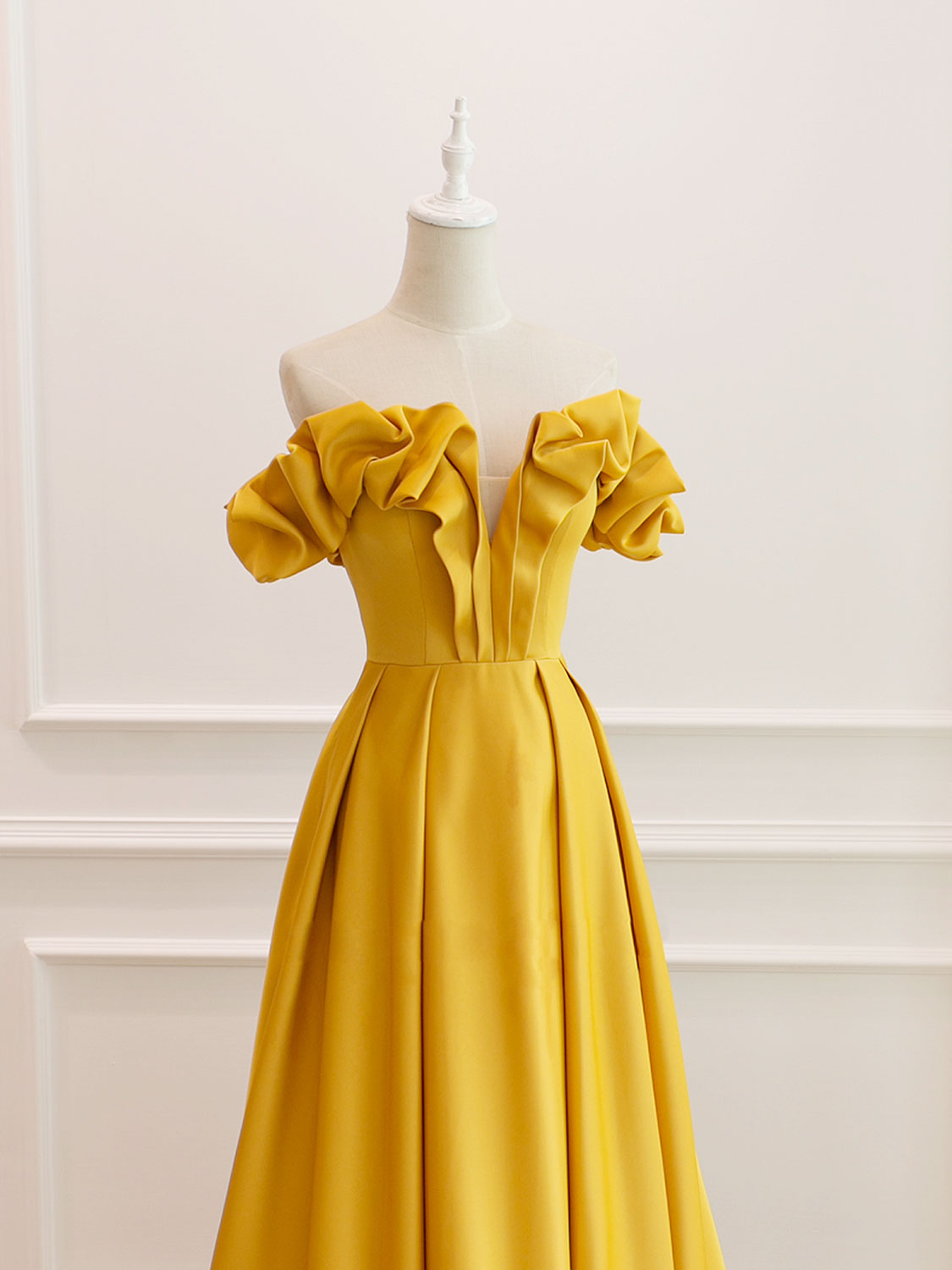 A-Line Off Shoulder Satin Yellow Long Prom Dress, Yellow Formal Evenin shopluu A-Line Off Shoulder Satin Yellow Long Prom Dress, Yellow Formal Evenin shopluu