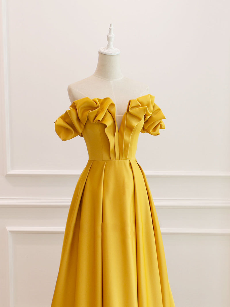 A Line V Neck Yellow Tulle Lace Long Prom Dresses, Yellow Lace Formal –  morievent
