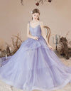 A-Line Tulle Lace Purple Long Prom Dresses