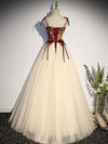 A line Champagne Long Prom Dresses, Champagne Formal Gown With Beading Velvet