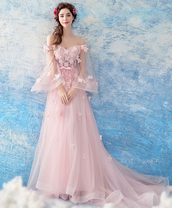 Pink Tulle Lace Long Prom Dress, Pink Evening Dress