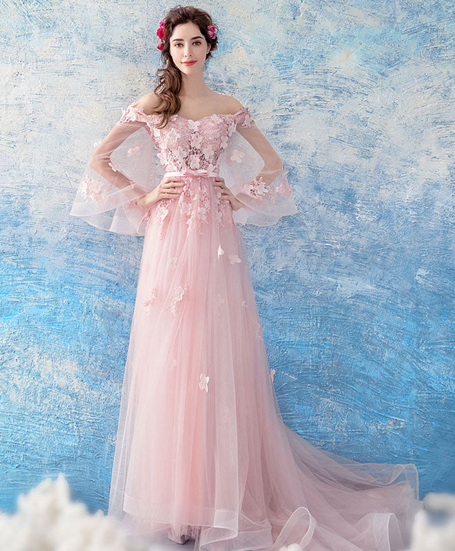Pink Tulle Lace Long Prom Dress, Pink Evening Dress