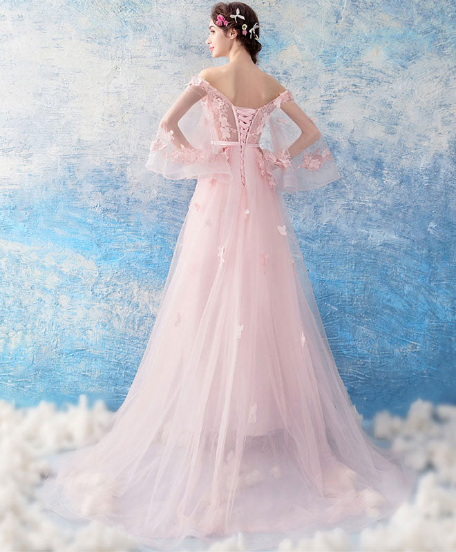 Pink Tulle Lace Long Prom Dress, Pink Evening Dress