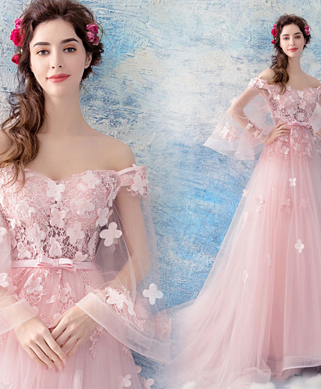 Pink Tulle Lace Long Prom Dress, Pink Evening Dress