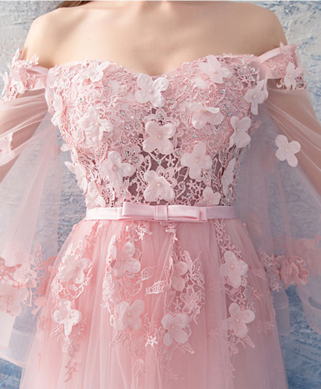 Pink Tulle Lace Long Prom Dress, Pink Evening Dress