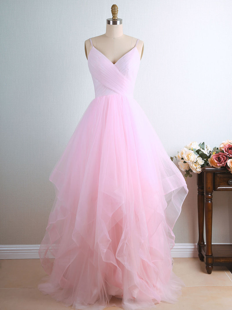 Pink Tulle Long Prom Dress, Pink Tulle Formal Graduation Dress