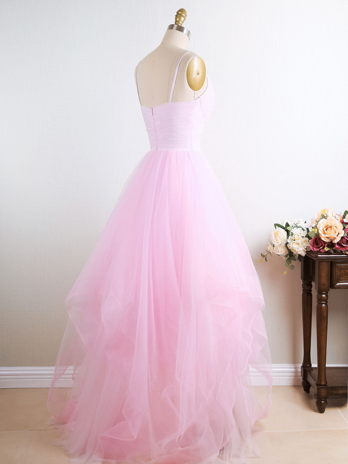 Pink Tulle Long Prom Dress, Pink Tulle Formal Graduation Dress