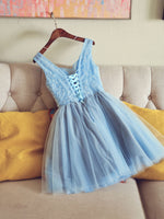 Cute V Neck Light Blue Tulle Lace Short Prom Dress Blue Homecoming Dress