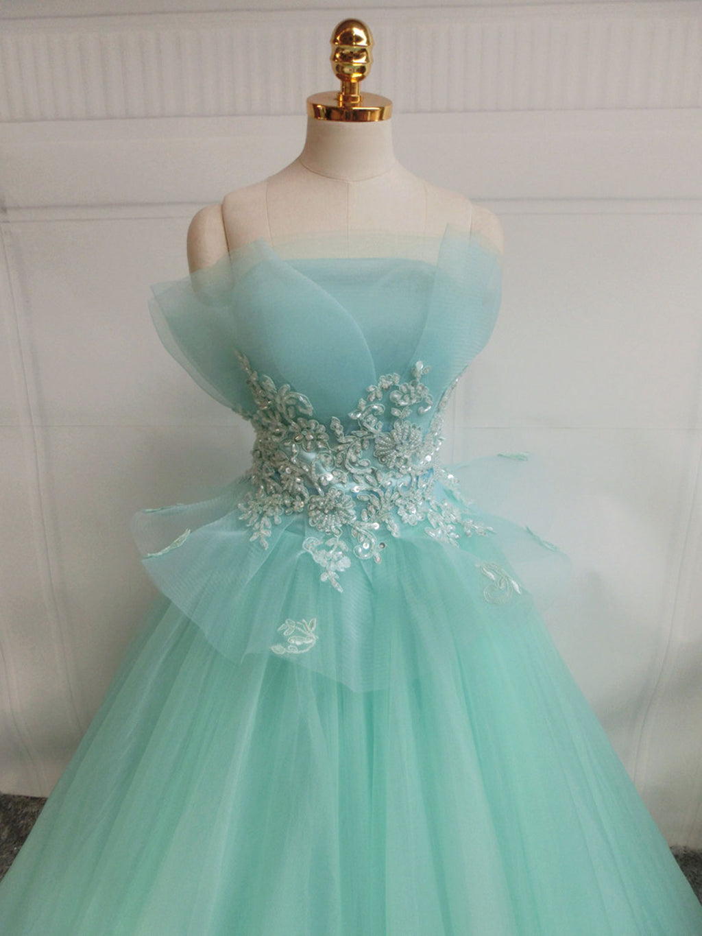 Green  A-Line Tulle Lace Long Prom Dress, Green Sweet 16 Dress