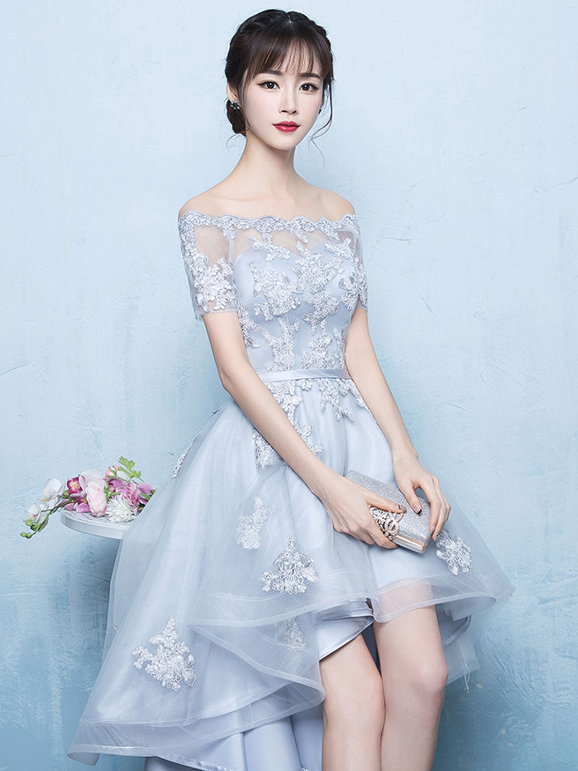 Gray A-line High Low Tulle Prom Dress, Gray Bridesmaid Dress