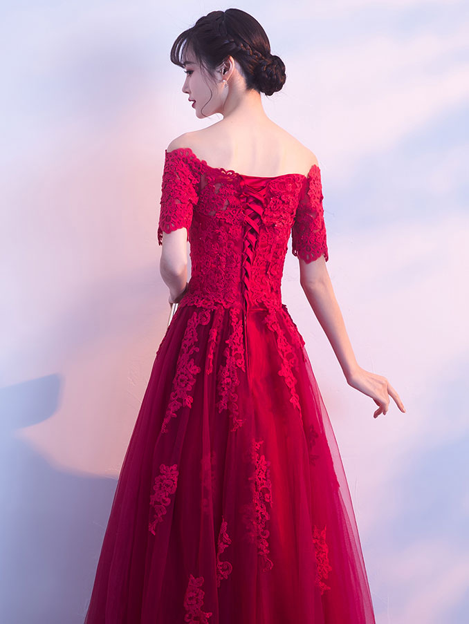 Burgundy Tulle Lace Long Prom Dress, Burgundy Tulle Bridesmaid Dresses – shopluu