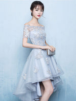Gray A-line High Low Tulle Prom Dress, Gray Bridesmaid Dress