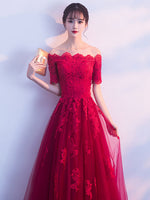Burgundy Tulle Lace Long Prom Dress, Burgundy Tulle Bridesmaid Dresses