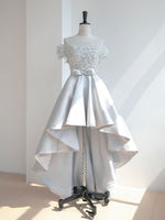 A-Line Scoop Neckline Lace Gray Prom Dress, High Low Style Satin Formal Dresses