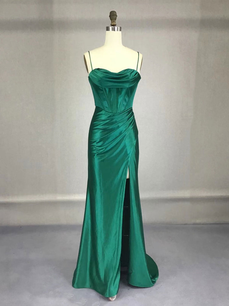 Green Satin Long Prom Dresses, Green Mermaid Long Formal Dresses