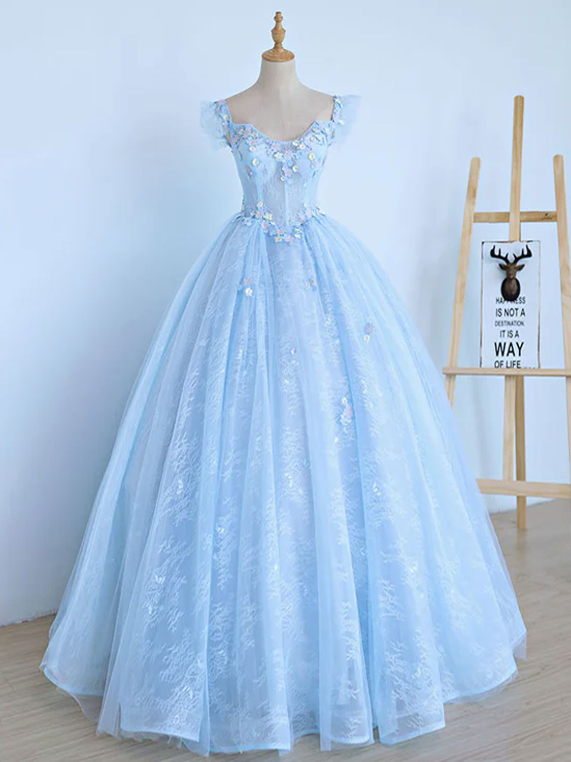 Blue A-Line Tulle Lace Long Prom Dresses, Blue Lace Formal Evening Dre ...