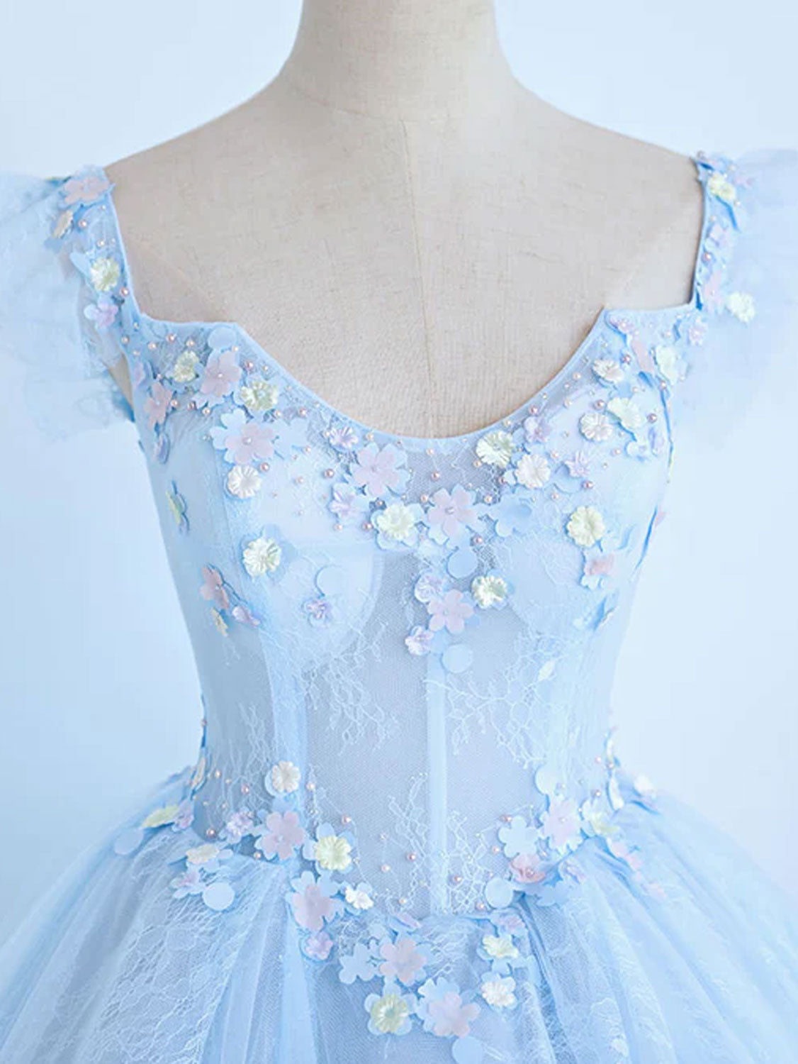 Blue A-Line Tulle Lace Long Prom Dresses