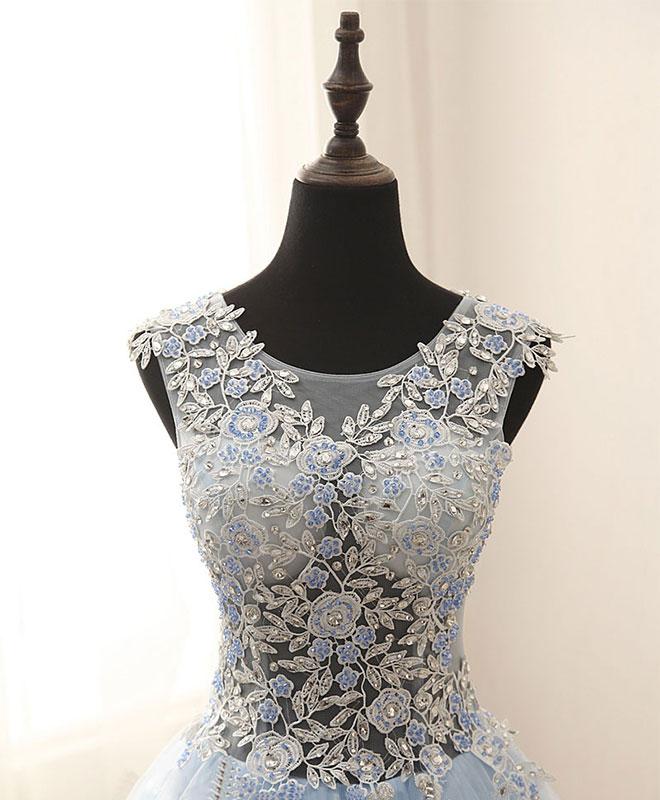 A-Line Round Neck Tulle Lace Long Prom Dress, Long Evening Dress