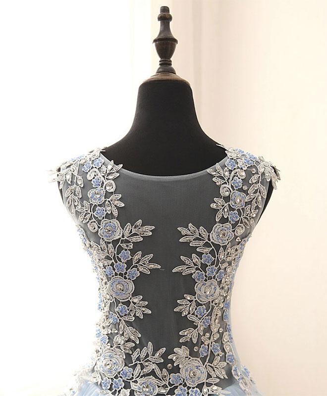 A-Line Round Neck Tulle Lace Long Prom Dress, Long Evening Dress