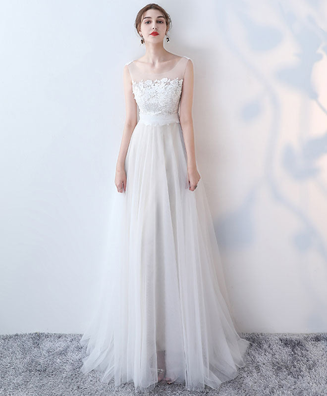 Elegant White Lace Tulle Long Prom Dress, White Evening Dress – shopluu