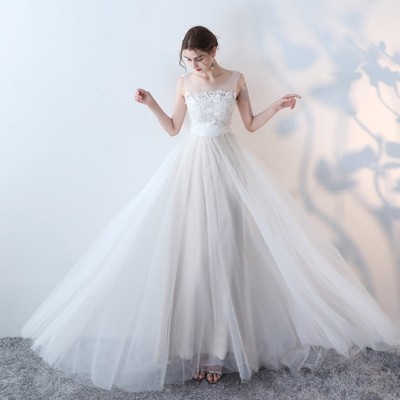 Elegant White Lace Tulle Long Prom Dress, White Evening Dress US 8 / White