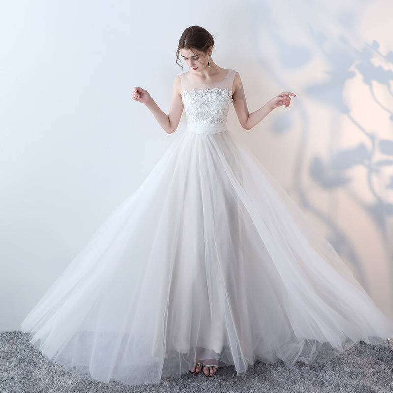 Elegant White Lace Tulle Long Prom Dress, White Evening Dress