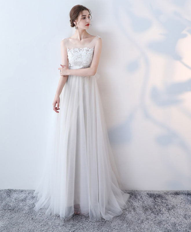 Elegant White Lace Tulle Long Prom Dress, White Evening Dress US 8 / White