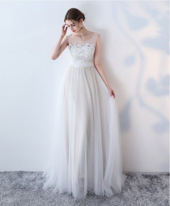 Elegant White Lace Tulle Long Prom Dress, White Evening Dress