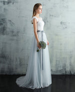 Cute Gray Tulle Lace Long Prom Dress, Gray Evening Dress