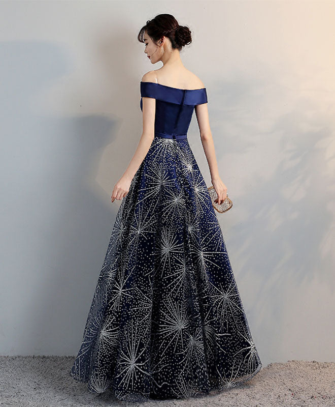Blue Off Shoulder Long Prom Dress, Blue Evening Dress