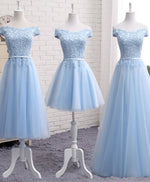 Sky Blue A Line Lace Off Shoulder Prom Dress, Lace Bridesmaid Dresses