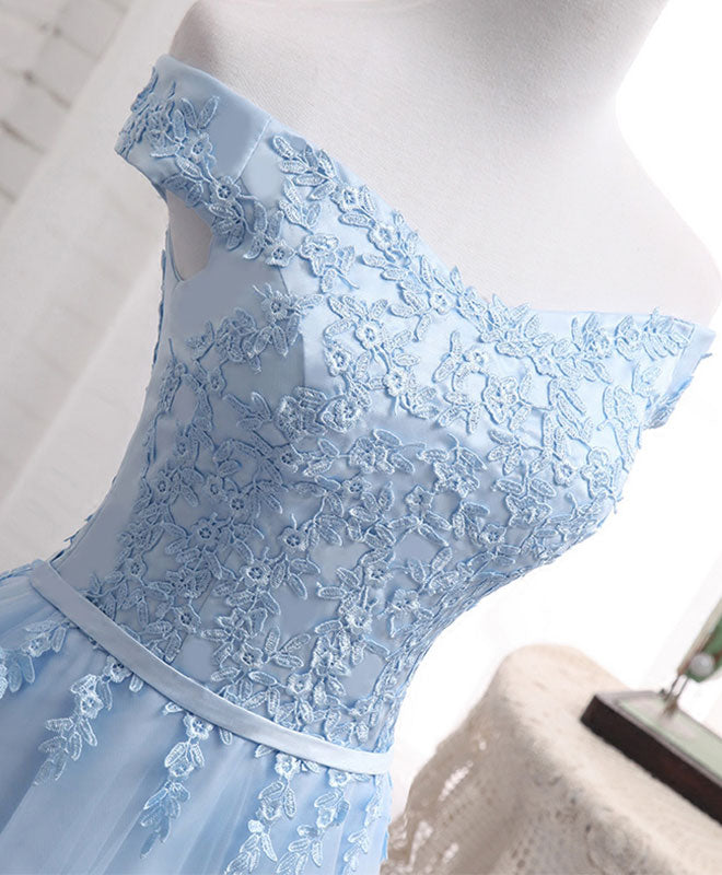 Sky Blue A Line Lace Off Shoulder Prom Dress, Lace Bridesmaid Dresses