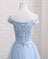 Sky Blue A Line Lace Off Shoulder Prom Dress, Lace Bridesmaid Dresses