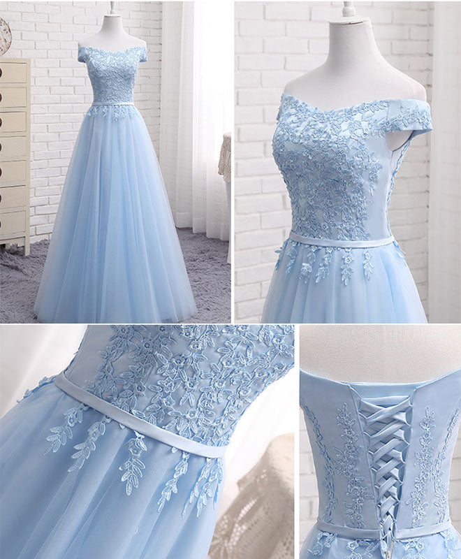 Sky Blue A Line Lace Off Shoulder Prom Dress, Lace Bridesmaid Dresses