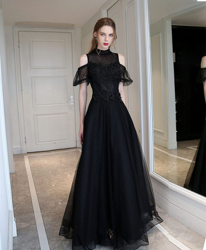 A-Line Black High Neck Tulle Long Prom Dress, Black Evening Dress