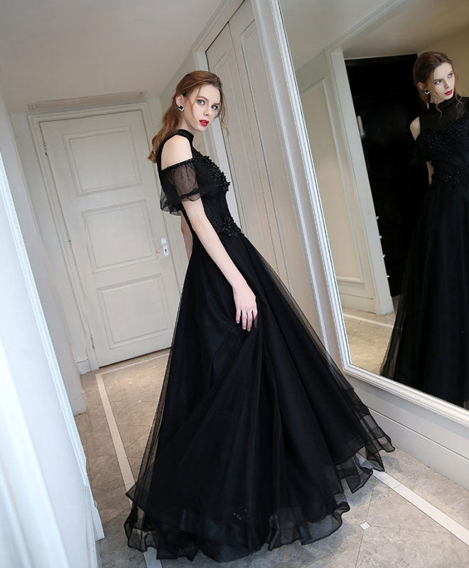 A-Line Black High Neck Tulle Long Prom Dress, Black Evening Dress shopluu A-Line Black High Neck Tulle Long Prom Dress, Black Evening Dress shopluu