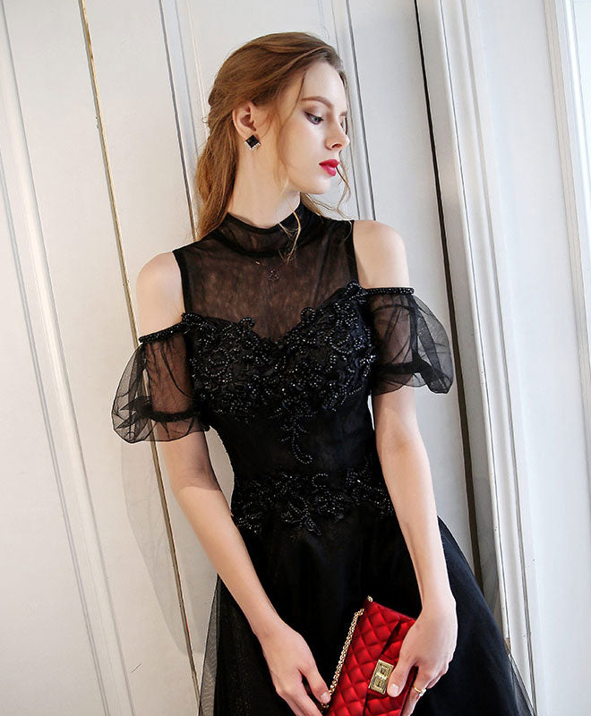 A-Line Black High Neck Tulle Long Prom Dress, Black Evening Dress