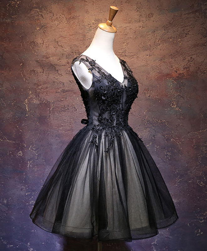 Black V Neck Lace Short Prom Dress, Black Party Dress
