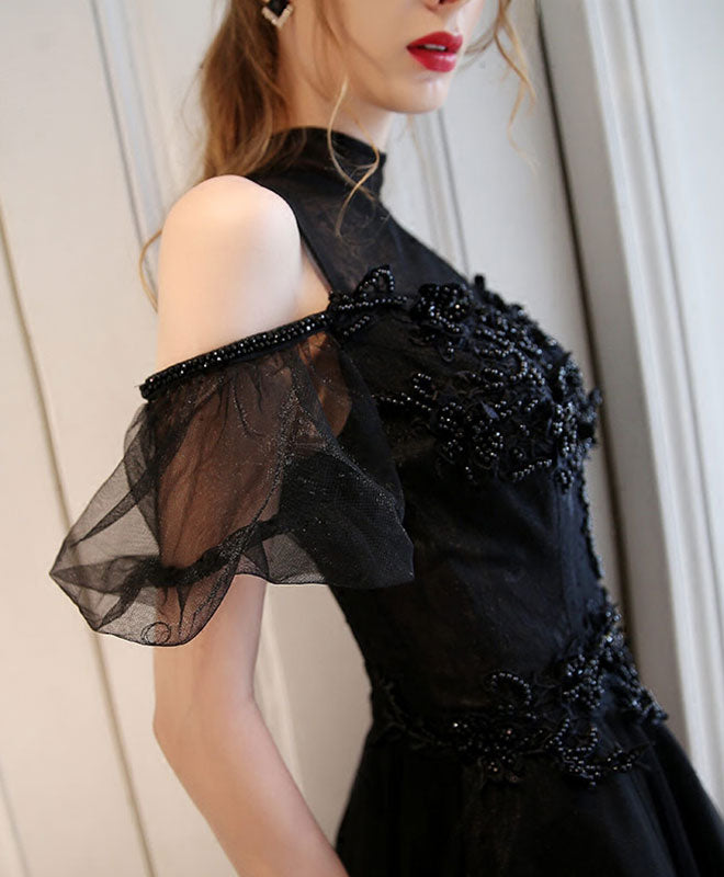 A-Line Black High Neck Tulle Long Prom Dress, Black Evening Dress