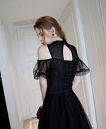 Unique Black High Neck Tulle Long Prom Dress, Black Evening Dress