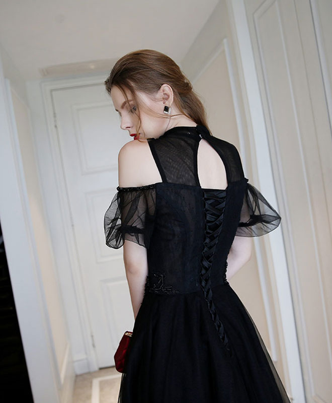 A-Line Black High Neck Tulle Long Prom Dress, Black Evening Dress shopluu A-Line Black High Neck Tulle Long Prom Dress, Black Evening Dress shopluu
