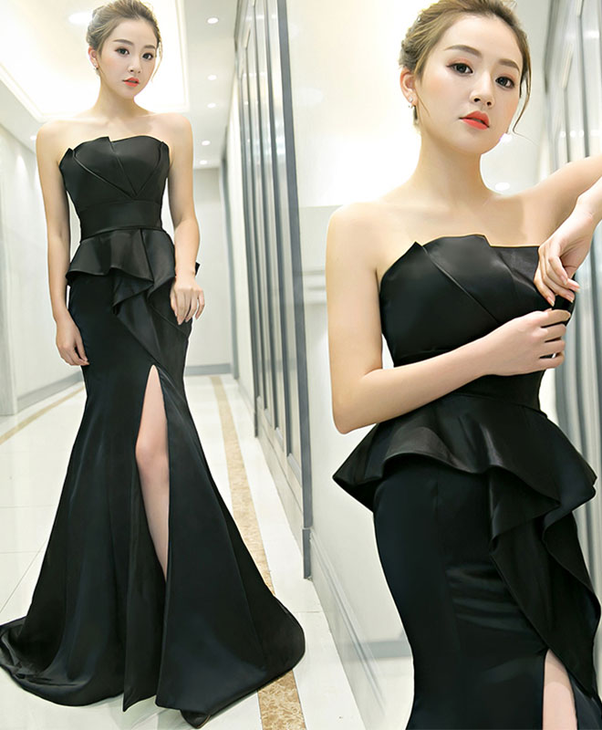 A-Line Black Mermaid Long Prom Dress, Black Evening Dress